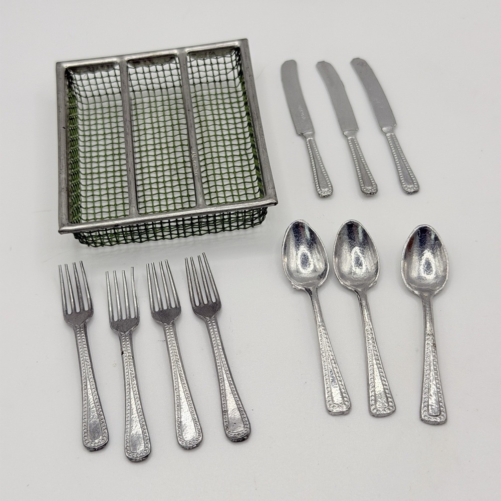 Vintage Doll House Miniature Utensils Silverware Lot of 11 Aluminum Germany 1:12